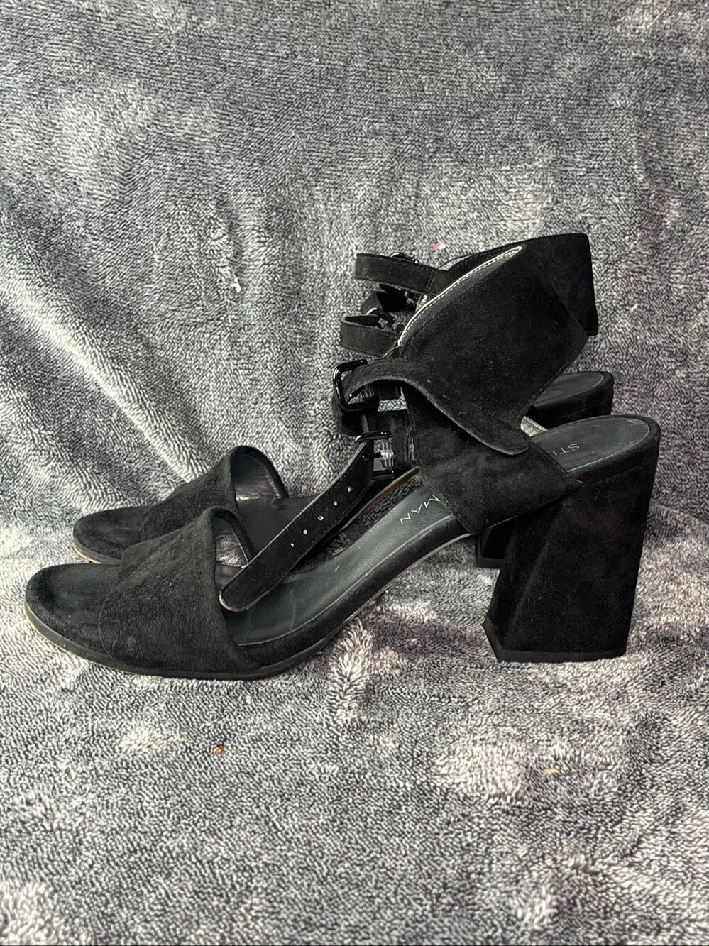 Stuart Weitzman Black Suede Double Ankle Strap Block Heel Sandals 8.5 M 8 1/2